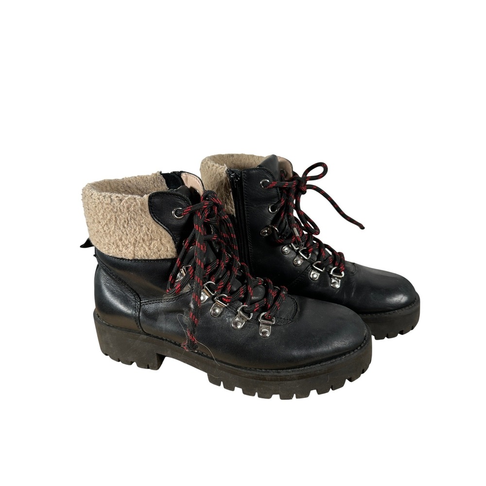 Steve Madden Black Combat Boots Chunky Grunge Broadway Faux Fur Trim Lug Sole  8
